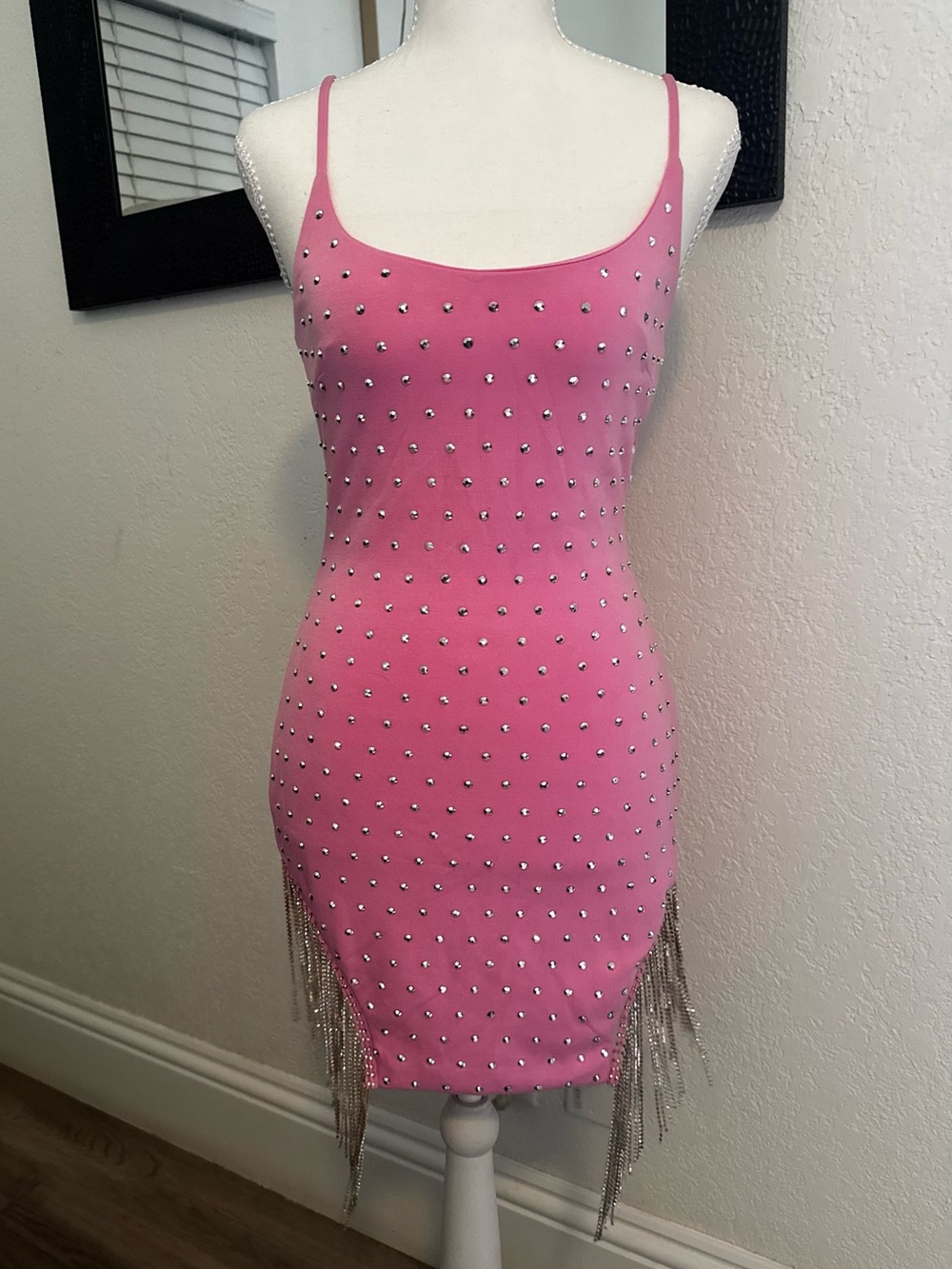 Hot & Delicious Pink Studded Rhinestone Fringe Mini Dress